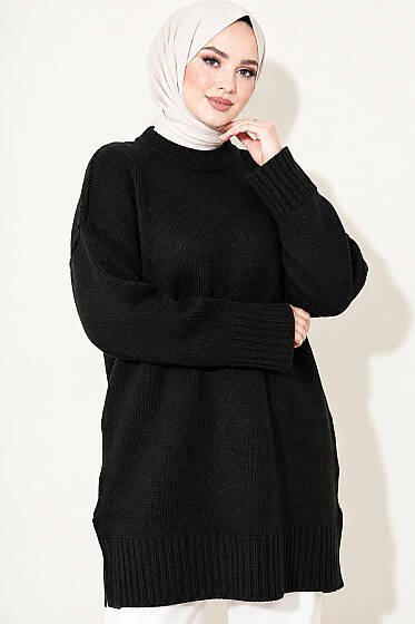 Oversize Ribanalı Triko Tunik Siyah - Tunik