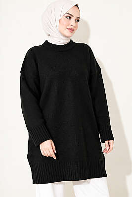 Oversize Ribanalı Triko Tunik Siyah - Tunik