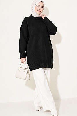 Oversize Ribanalı Triko Tunik Siyah - Tunik