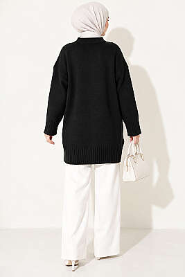 Oversize Ribanalı Triko Tunik Siyah - Tunik