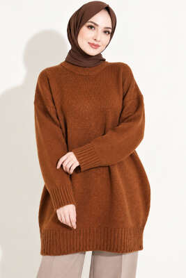 Oversize Ribanalı Triko Tunik Taba - KILIÇ TRİKO