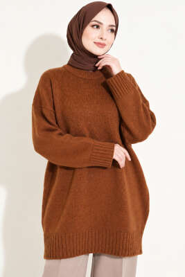 Oversize Ribanalı Triko Tunik Taba - Tunik