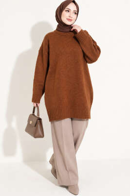 Oversize Ribanalı Triko Tunik Taba - Tunik