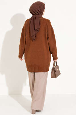 Oversize Ribanalı Triko Tunik Taba - Tunik
