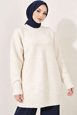 Oversize Ribanalı Triko Tunik Taş - KILIÇ TRİKO