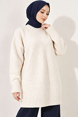 Oversize Ribanalı Triko Tunik Taş - Tunik