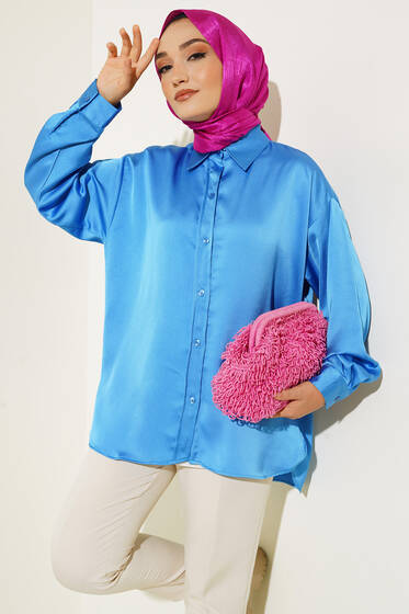 Oversize Saten Gömlek Mavi - Gömlek