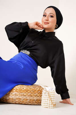 Oversize Saten Gömlek Siyah 