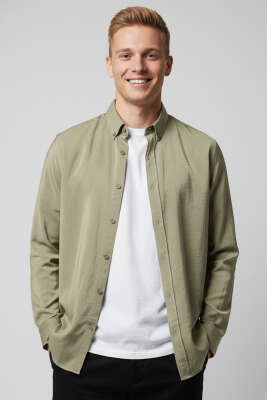 Oversize Tensel Erkek Gömlek Haki - DEEP POİNT