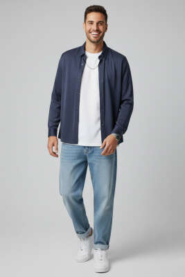 Oversize Tensel Erkek Gömlek Lacivert - Erkek Gömlek