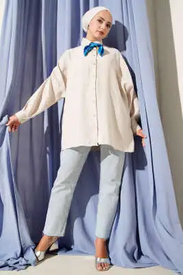 Oversize Tensel Gömlek Bej - Gömlek