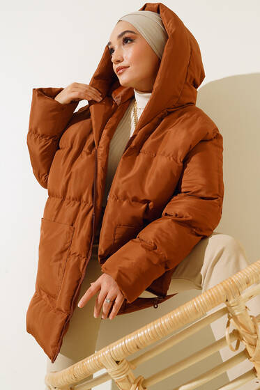 Oversize Torba Cepli Kapşonlu Mont Taba - Mont