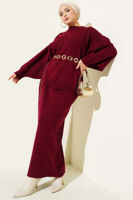 Oversize Tunik Etekli Triko İkili Takım Bordo - HBS