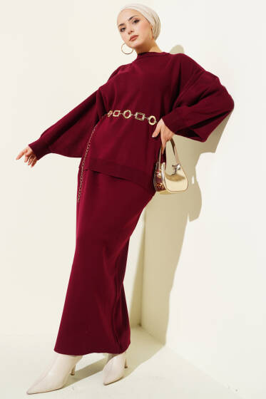 Oversize Tunik Etekli Triko İkili Takım Bordo - İkili Takım