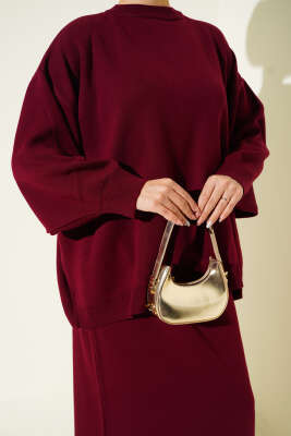 Oversize Tunik Etekli Triko İkili Takım Bordo - İkili Takım