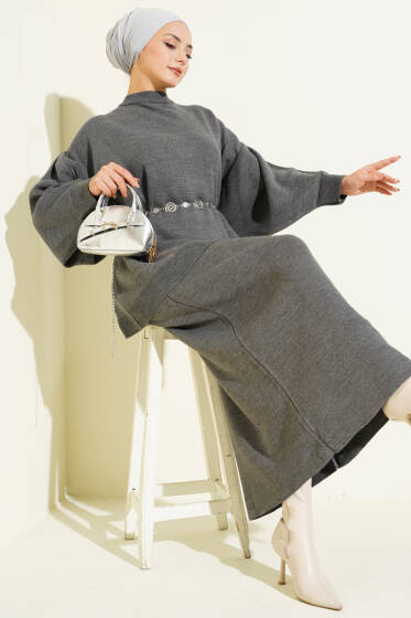 Oversize Tunik Etekli Triko İkili Takım Füme - İkili Takım