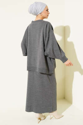 Oversize Tunik Etekli Triko İkili Takım Füme - İkili Takım