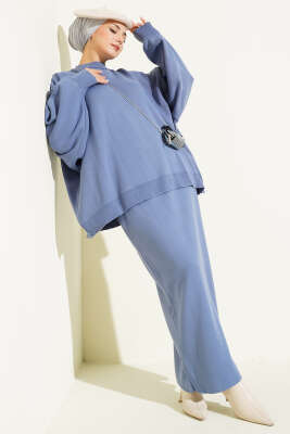 Oversize Tunik Etekli Triko İkili Takım İndigo - HBS