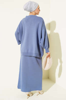 Oversize Tunik Etekli Triko İkili Takım İndigo - İkili Takım