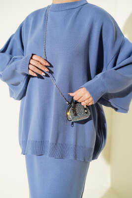 Oversize Tunik Etekli Triko İkili Takım İndigo - İkili Takım