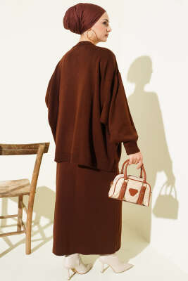 Oversize Tunik Etekli Triko İkili Takım Kahve - İkili Takım