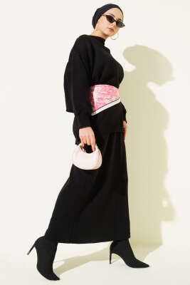 Oversize Tunik Etekli Triko İkili Takım Siyah - HBS