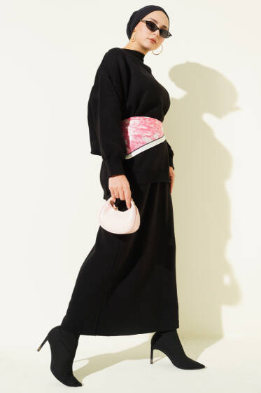 Oversize Tunik Etekli Triko İkili Takım Siyah - İkili Takım