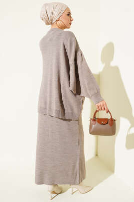 Oversize Tunik Etekli Triko İkili Takım Vizon - İkili Takım
