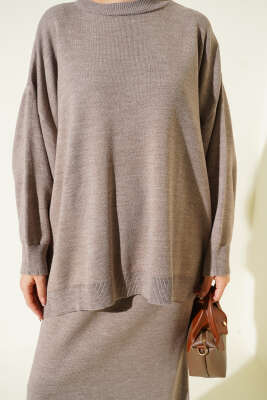 Oversize Tunik Etekli Triko İkili Takım Vizon - İkili Takım