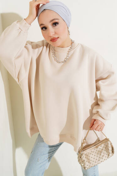 Oversize Üç İplik Sweatshirt Bej - Tunik