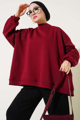 Oversize Üç İplik Sweatshirt Bordo - Tunik