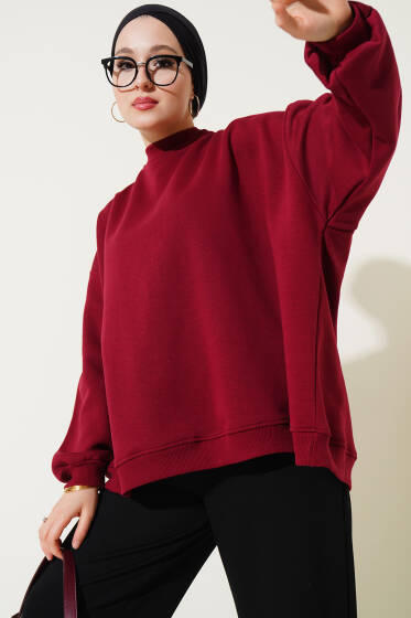 Oversize Üç İplik Sweatshirt Bordo - Tunik