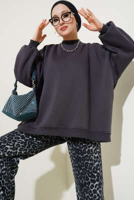 Oversize Üç İplik Sweatshirt Füme 