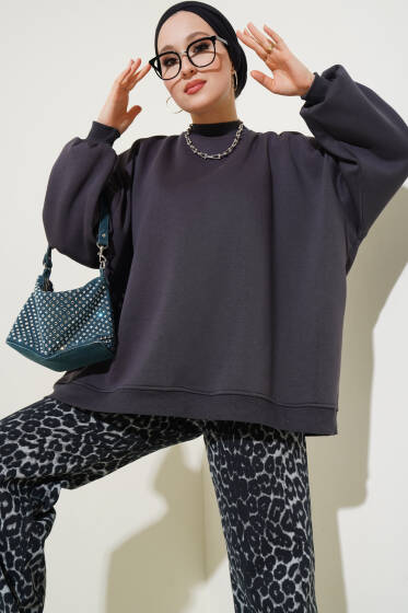 Oversize Üç İplik Sweatshirt Füme - Tunik