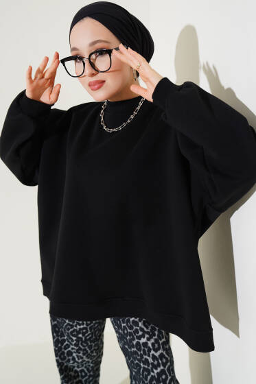 Oversize Üç İplik Sweatshirt Siyah - Tunik