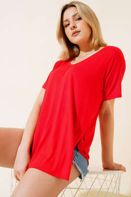 Oversize V Yaka T-shirt Nar Çiçeği