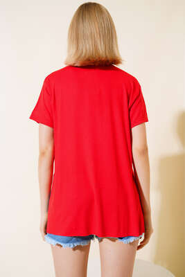 Oversize V Yaka T-shirt Nar Çiçeği - Kadın Giyim Modelleri