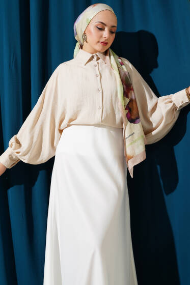 Oversize Yarasa Kol Kısa Gömlek Bej - Gömlek