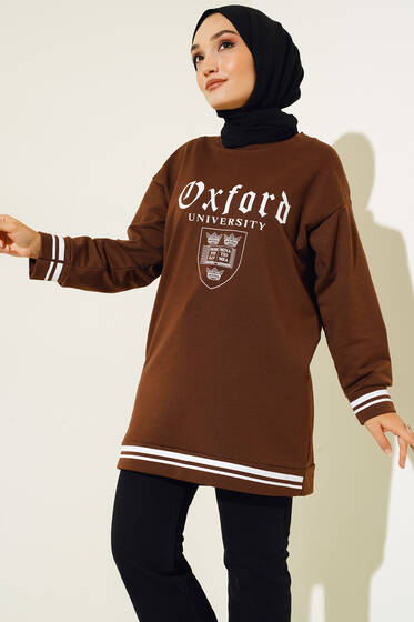 Oxford Baskılı Manşet Şeritli Tunik Kahve - Tunik