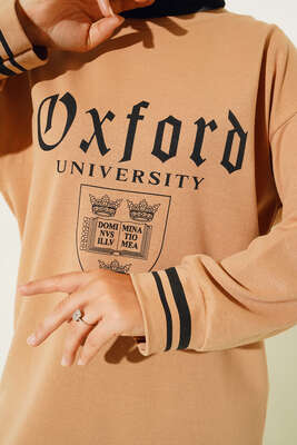 Oxford Baskılı Manşet Şeritli Tunik Camel - Tunik