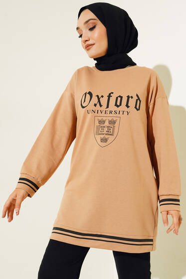 Oxford Baskılı Manşet Şeritli Tunik Camel - Tunik