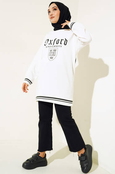Oxford Baskılı Manşet Şeritli Tunik Ekru - Tunik