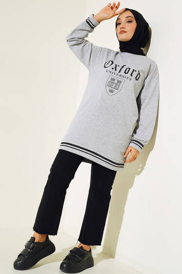 Oxford Baskılı Manşet Şeritli Tunik Gri - Tunik