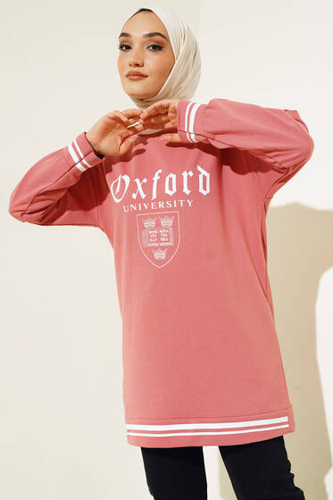 Oxford Baskılı Manşet Şeritli Tunik Gül Kurusu - Tunik