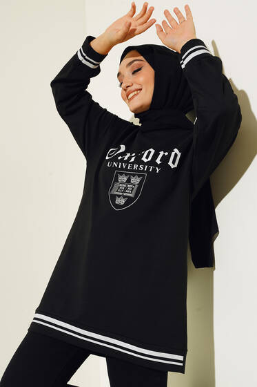 Oxford Baskılı Manşet Şeritli Tunik Siyah - Tunik