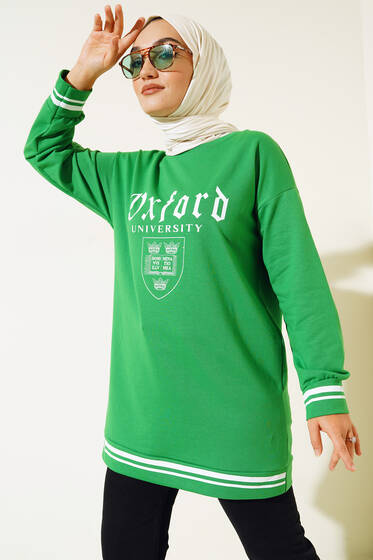 Oxford Baskılı Manşet Şeritli Tunik Yeşil - Tunik