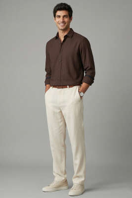 Oxford Kumaş Erkek Gömlek Kahve - Erkek Gömlek