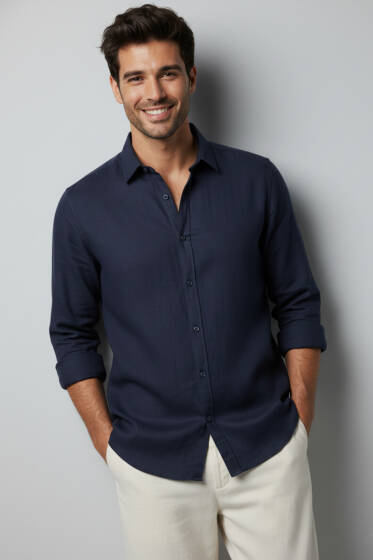 Oxford Kumaş Erkek Gömlek Lacivert - Erkek Gömlek