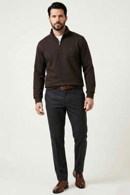 Oysho Kumaş Yarım Fermuar Erkek Sweatshirt Kahve - Erkek Sweatshirt