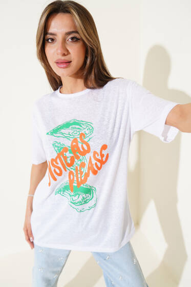 Oysteas Please Baskılı T-Shirt Beyaz - Kadın Giyim Modelleri
